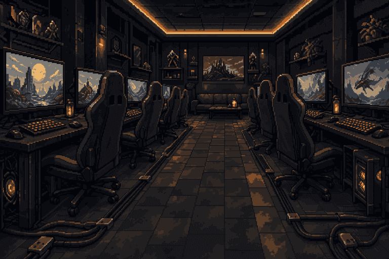 The aisle between two rows of gaming desks with monitors on both sides