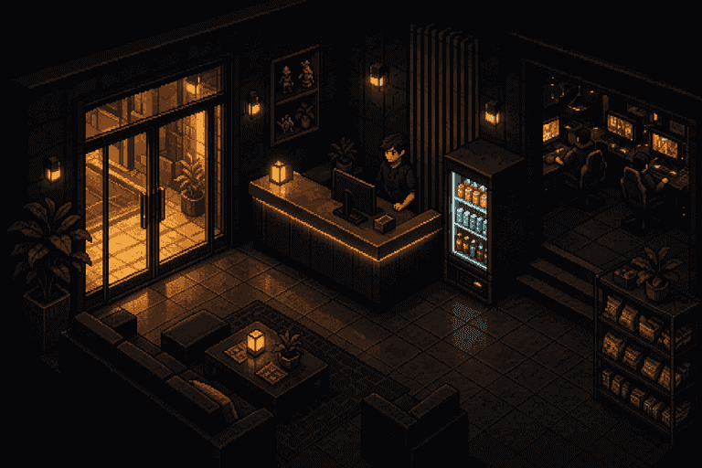The lounge entrance, reception counter and drinks fridge