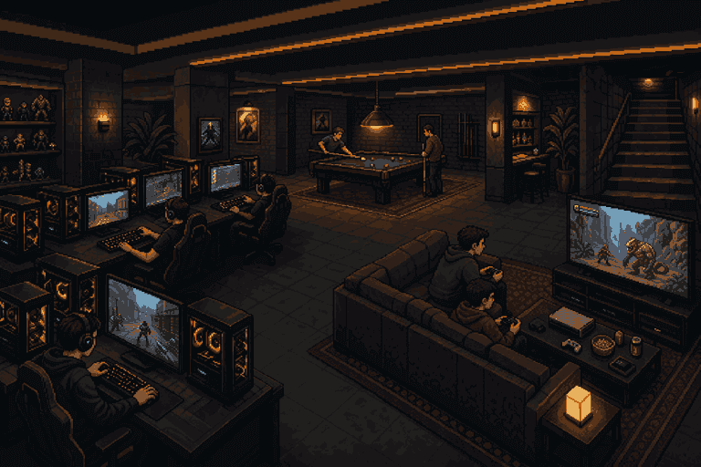The lounge floor with rows of gaming PCs, a console lounge and a snooker table
